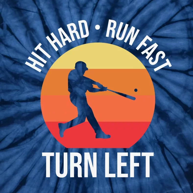 Hit Hard Run Fast Turn Left Funny Retro Sunset Silhouette Baseball Player Tie-Dye T-Shirt