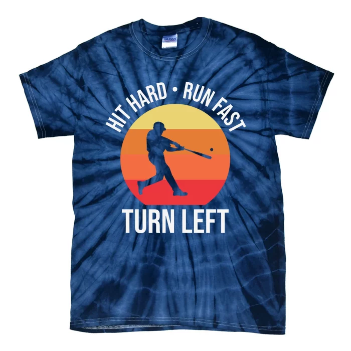 Hit Hard Run Fast Turn Left Funny Retro Sunset Silhouette Baseball Player Tie-Dye T-Shirt