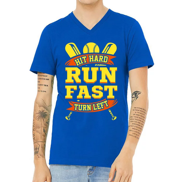 Hit Hard Run Fast Turn Left Funny Baseball Players Cool Gift V-Neck T-Shirt