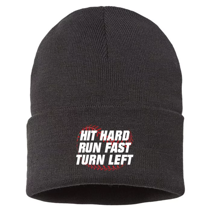 Hit Hard Run Fast Turn Left Funny Baseball Player & Fan Sustainable Knit Beanie