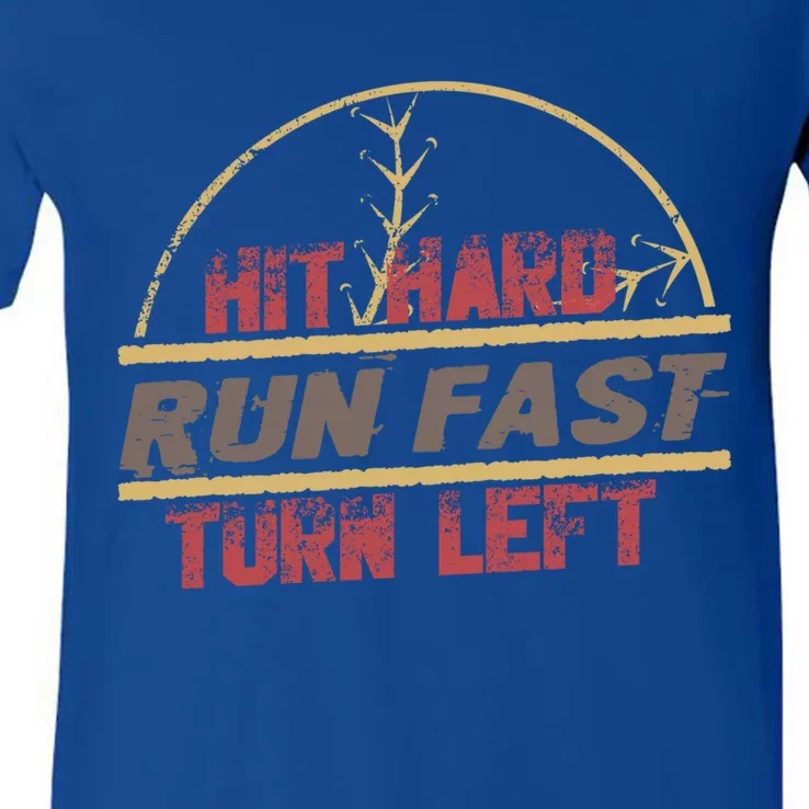 Hit Hard Run Fast Turn Left Funny Baseball Gift V-Neck T-Shirt