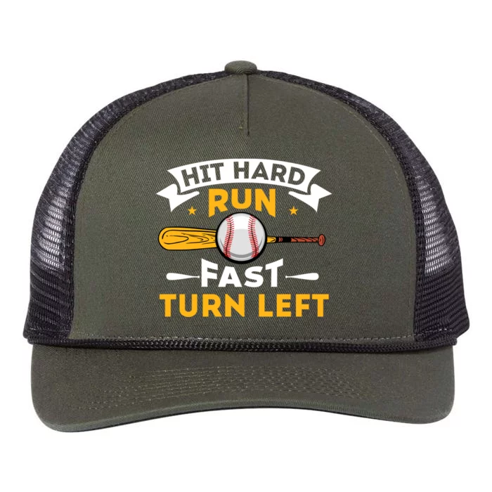 Hit Hard Run Fast Turn Left Funny Sport Baseball Gift Retro Rope Trucker Hat Cap