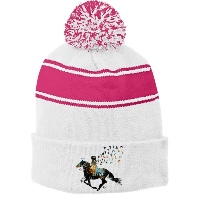 Horse Horseback Riding Life Nature Bird Horse Girls Women Stripe Pom Pom Beanie