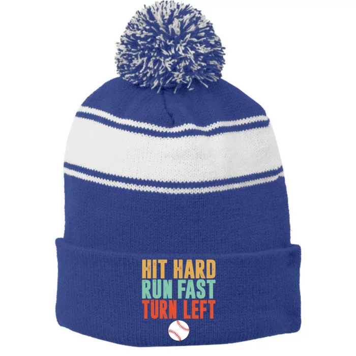 Hit Hard Run Fast Turn Left Vintage Baseball Funny Meaningful Gift Stripe Pom Pom Beanie