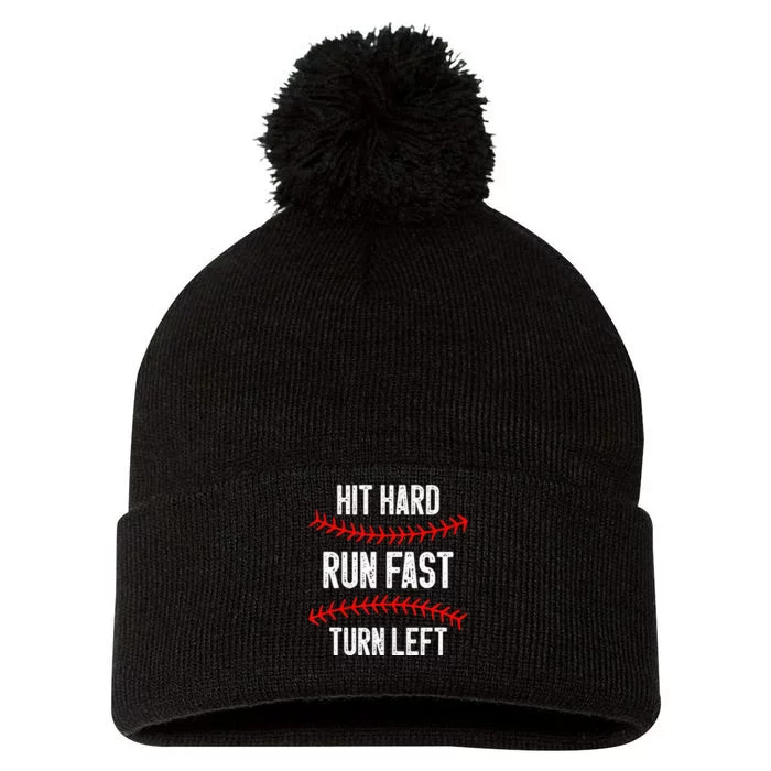 Hit Hard Run Fast Turn Left Funny Baseball Player Pom Pom 12in Knit Beanie