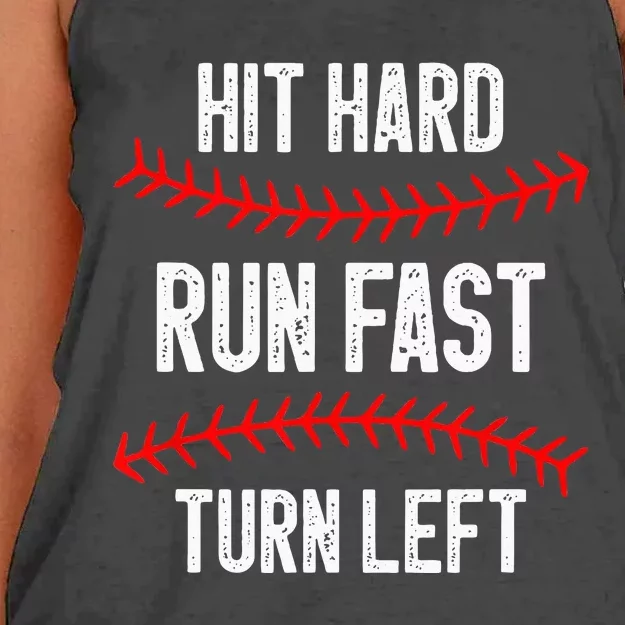 Hit Hard Run Fast Turn Left Funny Baseball Player Women's Knotted Racerback Tank