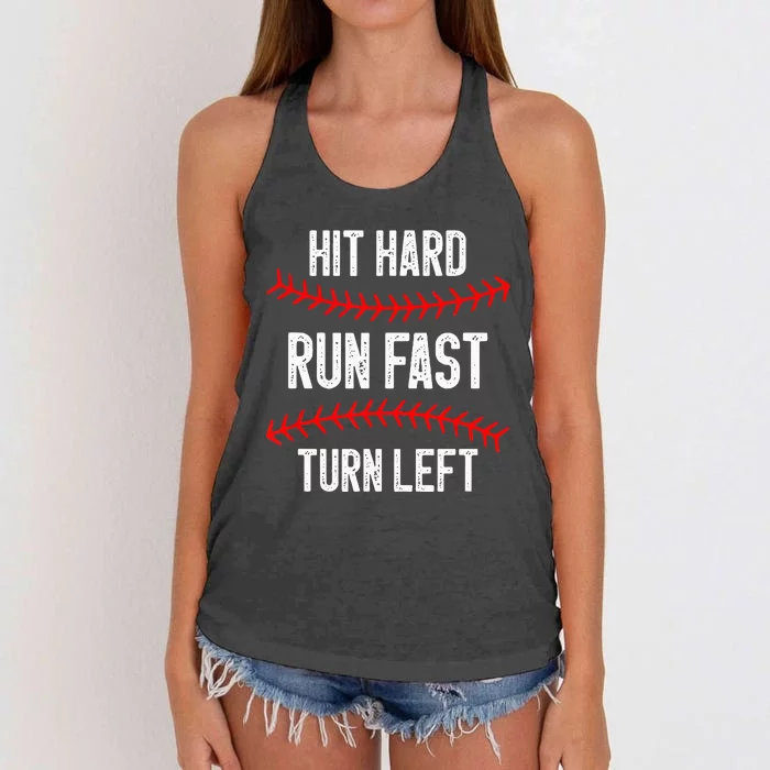 Hit Hard Run Fast Turn Left Funny Baseball Player Women's Knotted Racerback Tank