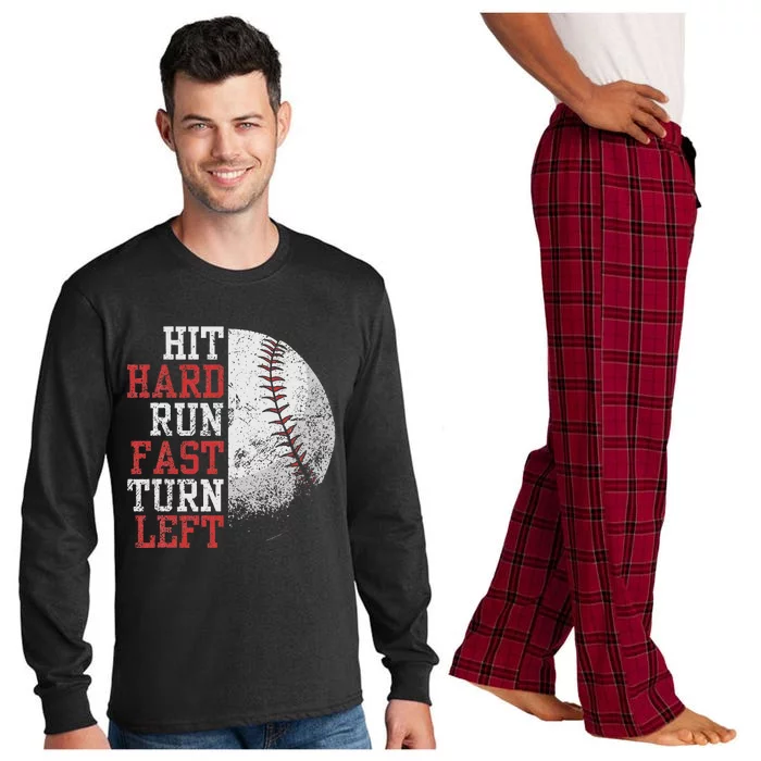 Hit Hard Run Fast Turn Left Funny Baseball Player Fan Funny Long Sleeve Pajama Set