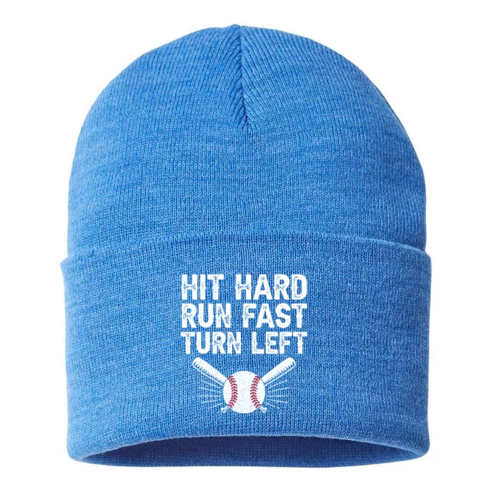 Hit Hard Run Fast Turn Left Gift Funny Baseball Gift Sustainable Knit Beanie