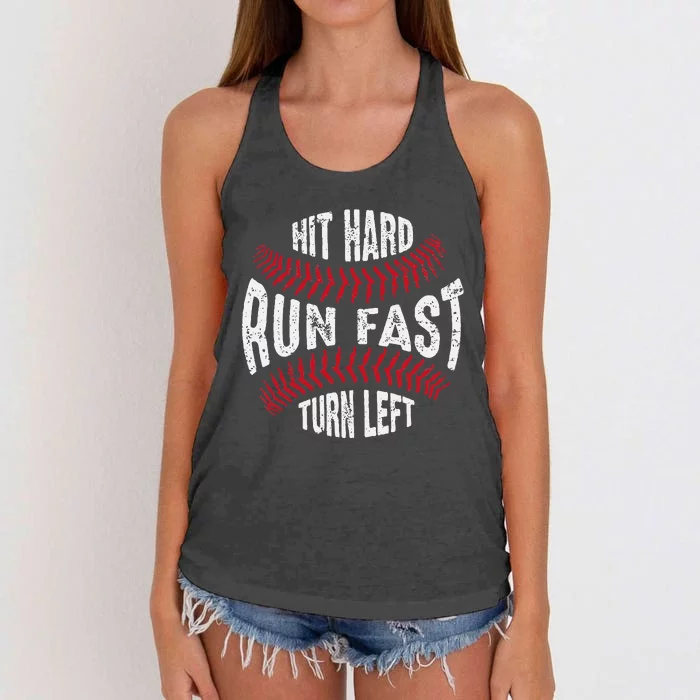 Hit Hard Run Fast Turn Left Softball Women's Knotted Racerback Tank