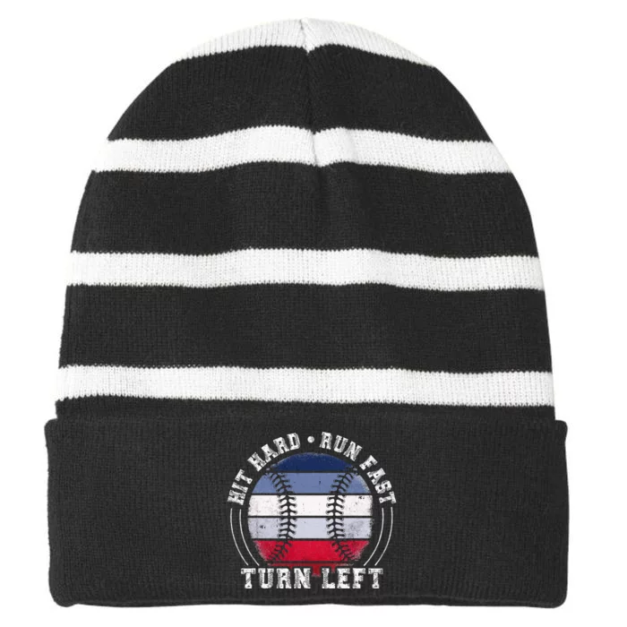 Hit Hard Run Fast Turn Left Baseball Player Striped Beanie with Solid Band