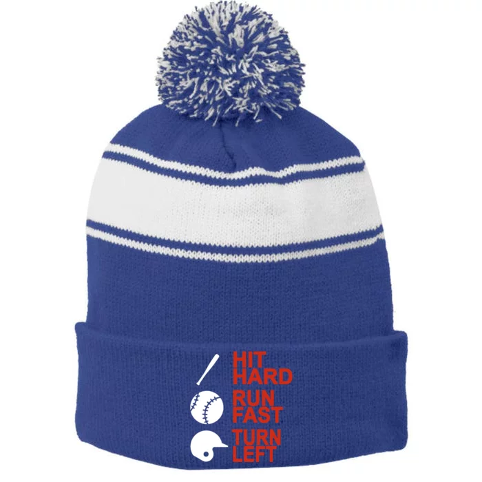 Hit Hard Run Fast Turn Left Baseball Funny Sport Gift Stripe Pom Pom Beanie