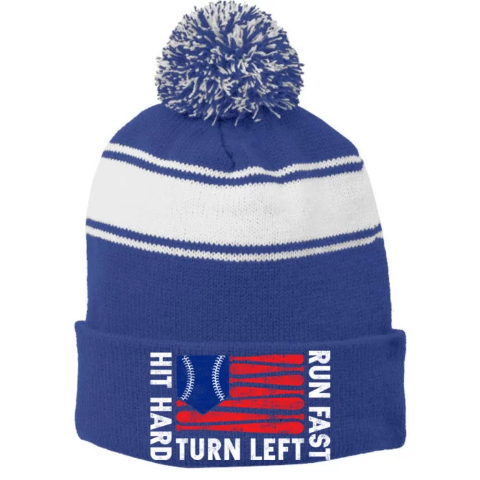 Hit Hard Run Fast Turn Left Baseball Funny Sport Gift Stripe Pom Pom Beanie