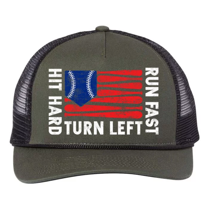 Hit Hard Run Fast Turn Left Baseball Funny Sport Gift Retro Rope Trucker Hat Cap