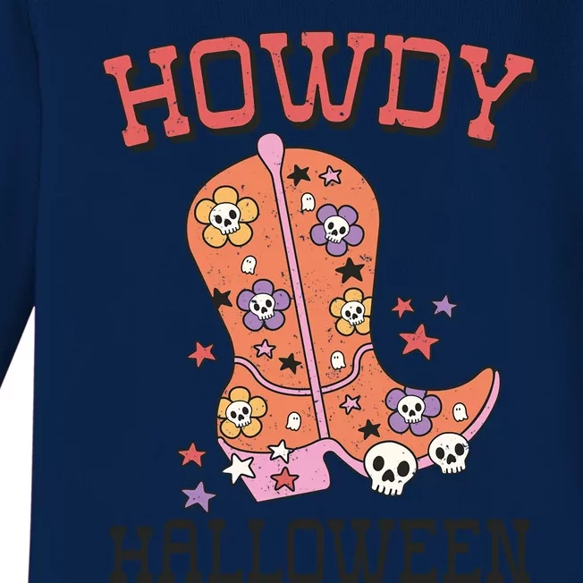 Howdy Halloween Rodeo Western Boots Skull Flower Gift Baby Long Sleeve Bodysuit