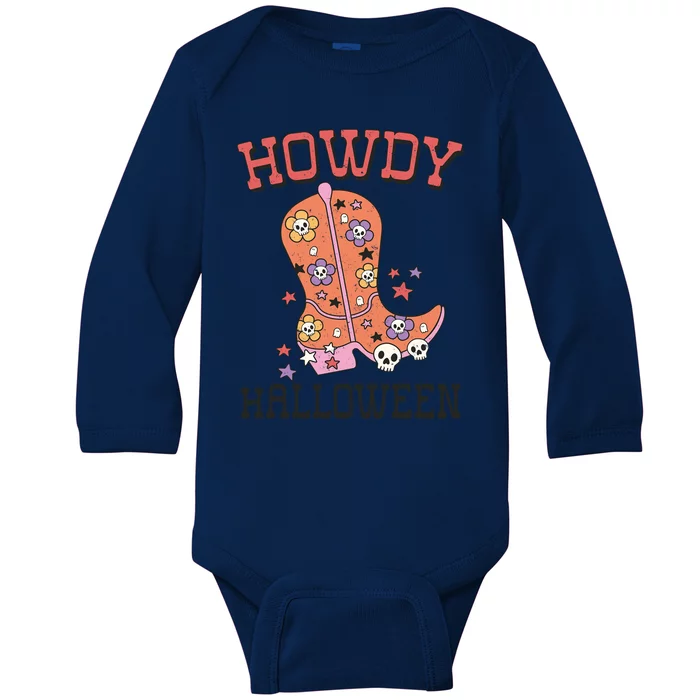 Howdy Halloween Rodeo Western Boots Skull Flower Gift Baby Long Sleeve Bodysuit