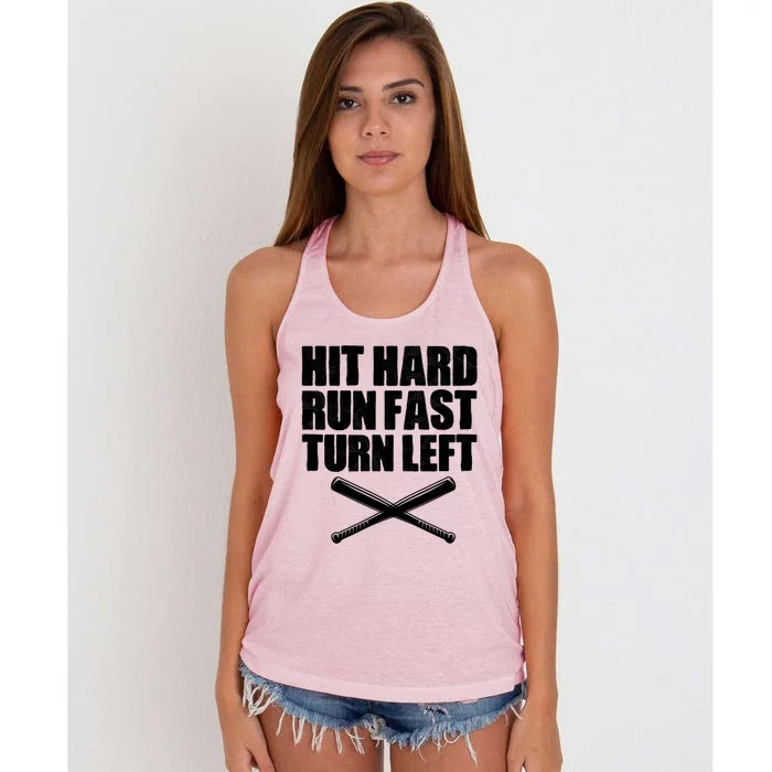 Hit Hard Run Fast Turn Left Baseball Player Catcher Pitcher Gift Women's Knotted Racerback Tank