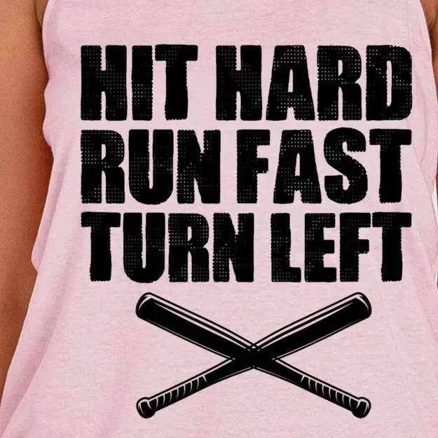 Hit Hard Run Fast Turn Left Baseball Player Catcher Pitcher Gift Women's Knotted Racerback Tank