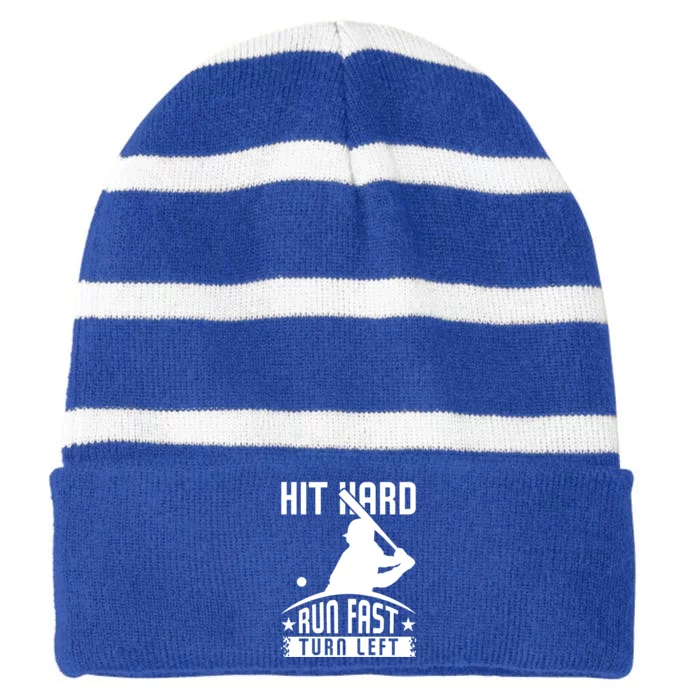 Hit Hard Run Fast Turn Left Baseball Player Softball Funny Cool Gift Striped Beanie with Solid Band