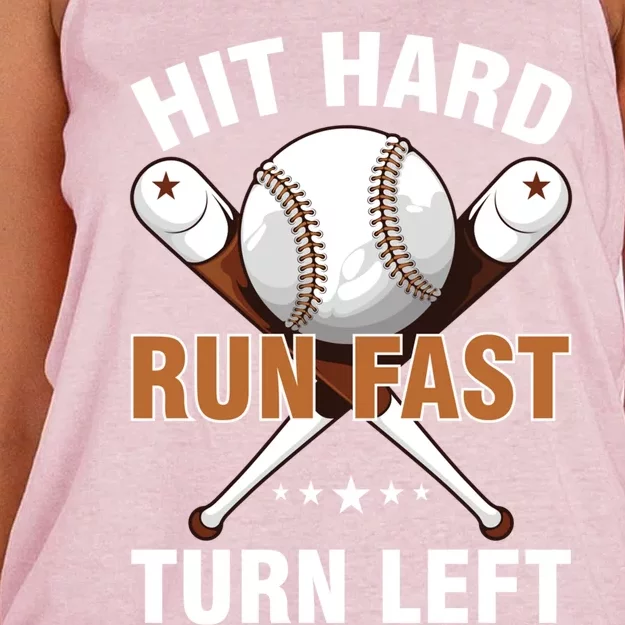 Hit Hard Run Fast Turn Left Baseball Player Softball Funny Great Gift Women's Knotted Racerback Tank