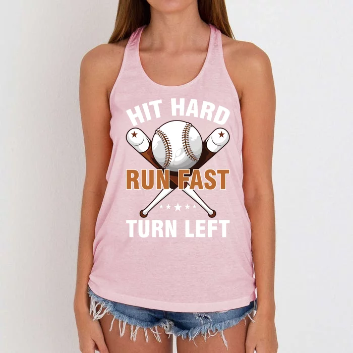 Hit Hard Run Fast Turn Left Baseball Player Softball Funny Great Gift Women's Knotted Racerback Tank