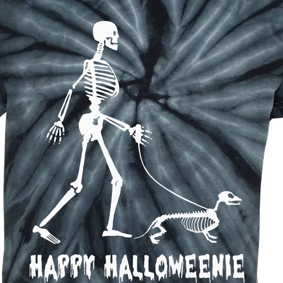 Happy Halloweenie Skeleton Walking Dachshund Dog Halloween Kids Tie-Dye T-Shirt