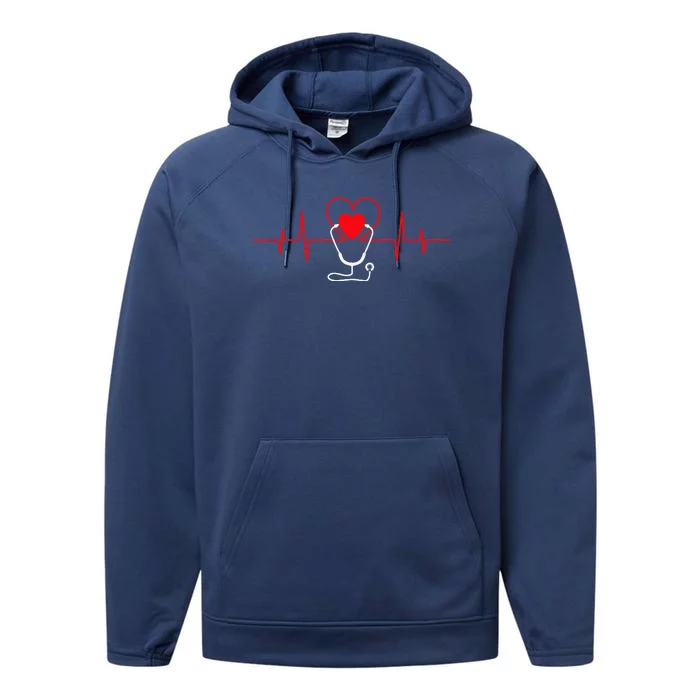 Heart Heartbeat Stethoscope Valentines Day Gifts For Nurses Performance Fleece Hoodie