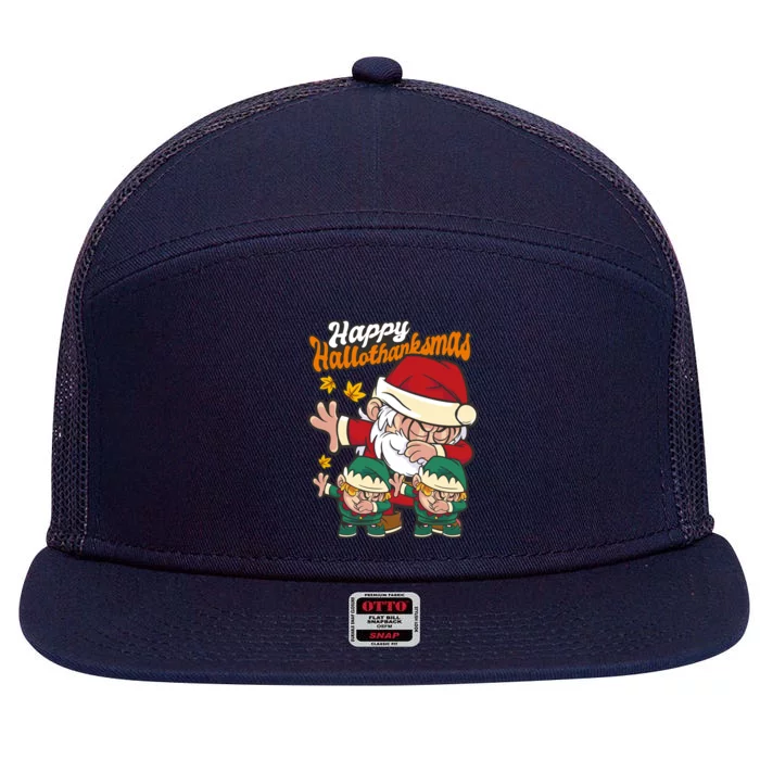 Happy Hallotthanksmas Santa And His Elves 7 Panel Mesh Trucker Snapback Hat