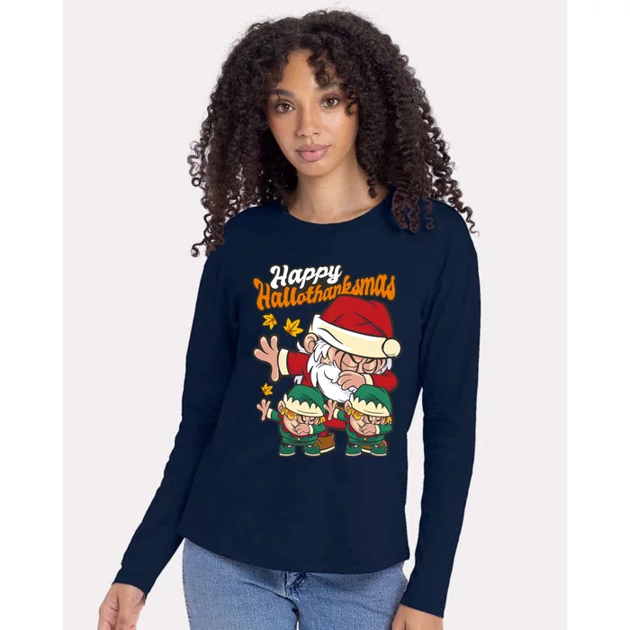 Happy Hallotthanksmas Santa And His Elves Womens Cotton Relaxed Long Sleeve T-Shirt