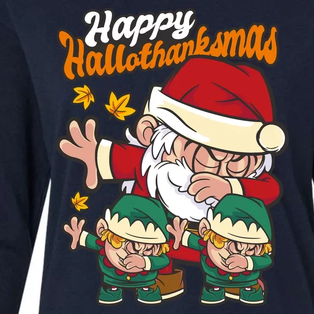 Happy Hallotthanksmas Santa And His Elves Womens Cotton Relaxed Long Sleeve T-Shirt