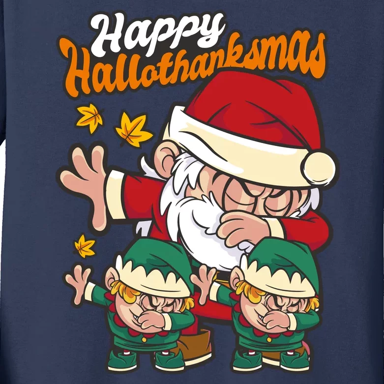 Happy Hallotthanksmas Santa And His Elves Kids Long Sleeve Shirt