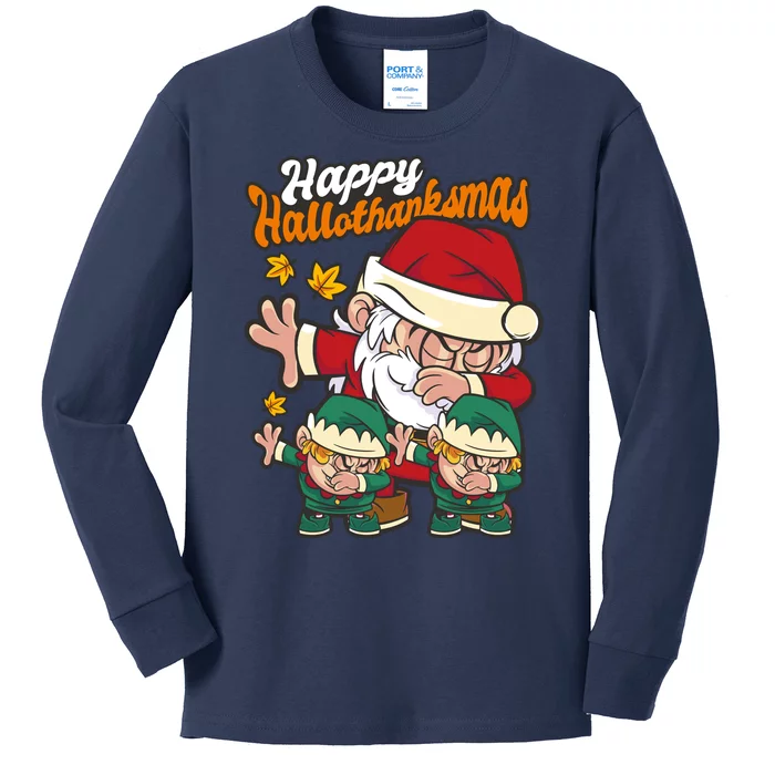 Happy Hallotthanksmas Santa And His Elves Kids Long Sleeve Shirt