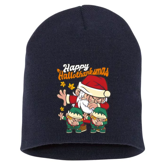 Happy Hallotthanksmas Santa And His Elves Short Acrylic Beanie