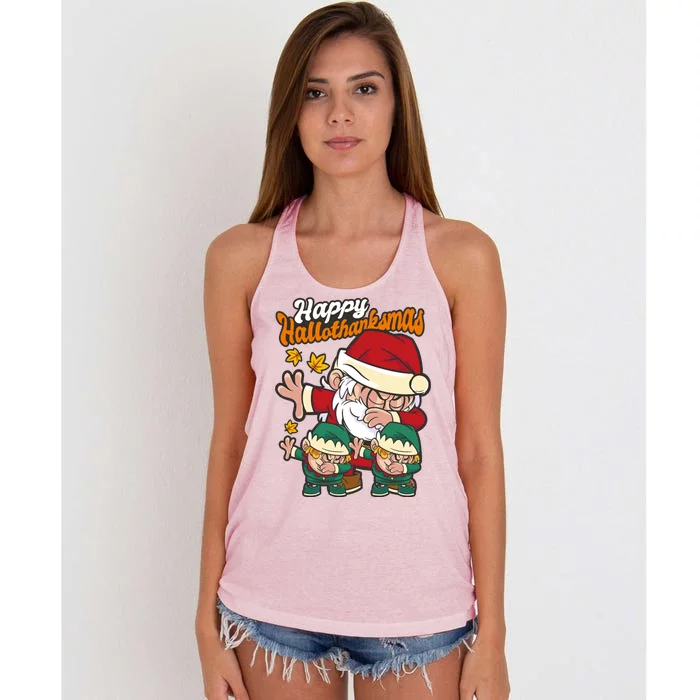 Happy Hallotthanksmas Santa And His Elves Women's Knotted Racerback Tank