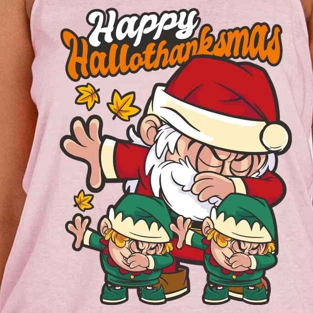 Happy Hallotthanksmas Santa And His Elves Women's Knotted Racerback Tank