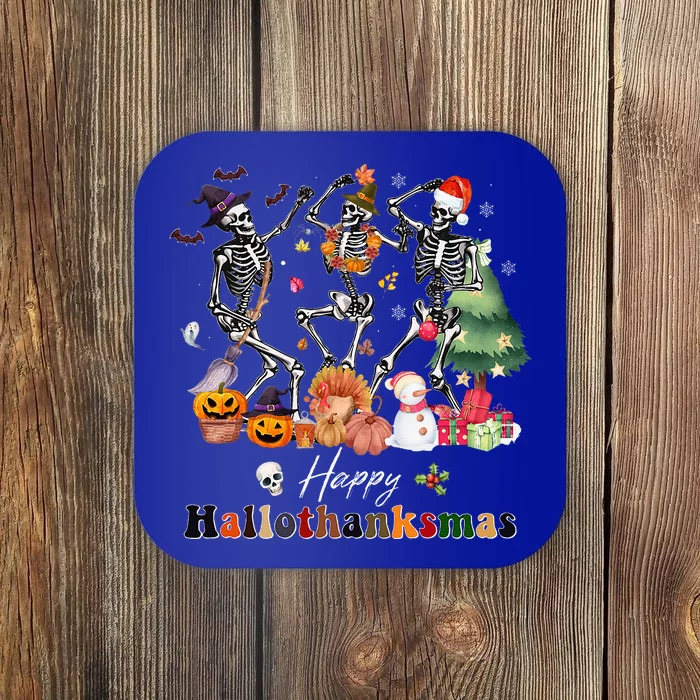 Happy Hallothanksmas Skeleton Halloween Thanksgiving Xmas Coaster