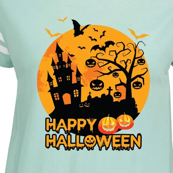 Happy Halloween Spooky Creepy Haunted House Spider Bats Enza Ladies Jersey Football T-Shirt