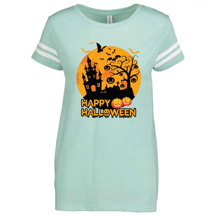 Happy Halloween Spooky Creepy Haunted House Spider Bats Enza Ladies Jersey Football T-Shirt