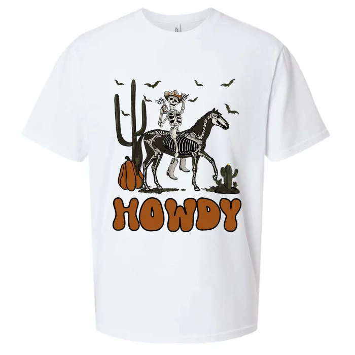 Halloween Howdy Skeleton With Horse And Cowboy Hat Sueded Cloud Jersey T-Shirt