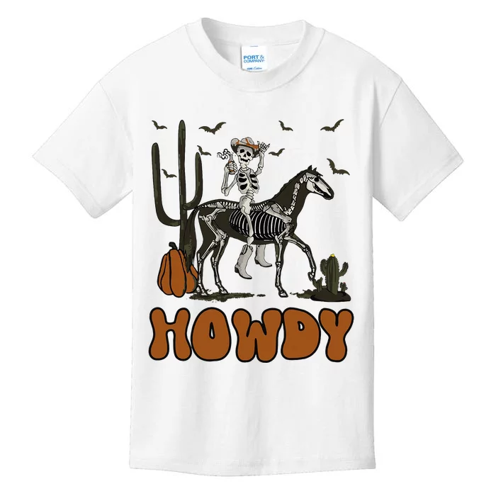 Halloween Howdy Skeleton With Horse And Cowboy Hat Kids T-Shirt