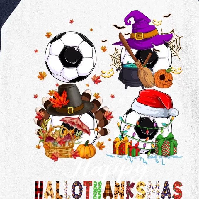 Happy Hallothanksmas Soccer Halloween Thanksgiving Xmas Great Gift Baseball Sleeve Shirt