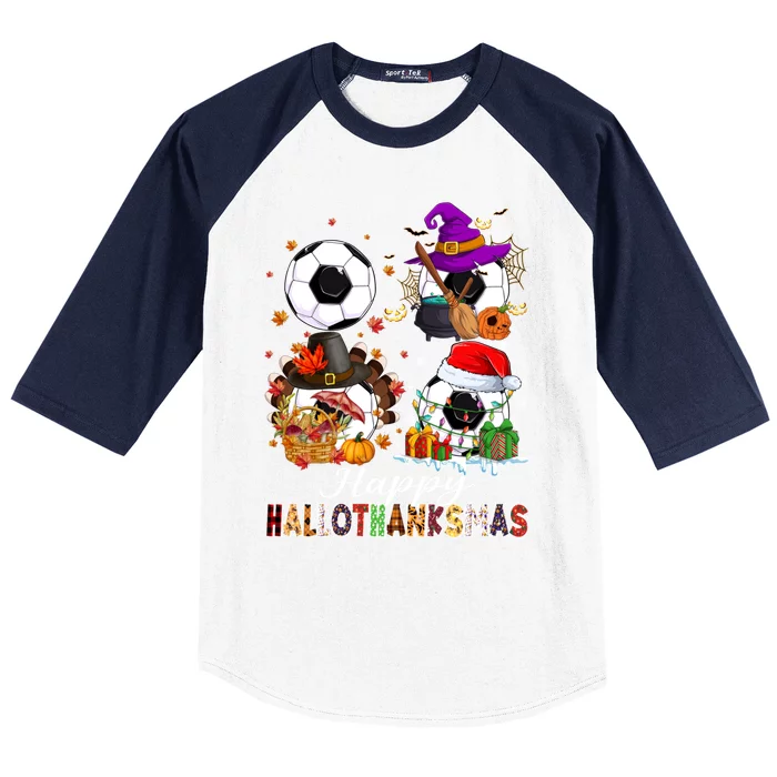 Happy Hallothanksmas Soccer Halloween Thanksgiving Xmas Great Gift Baseball Sleeve Shirt