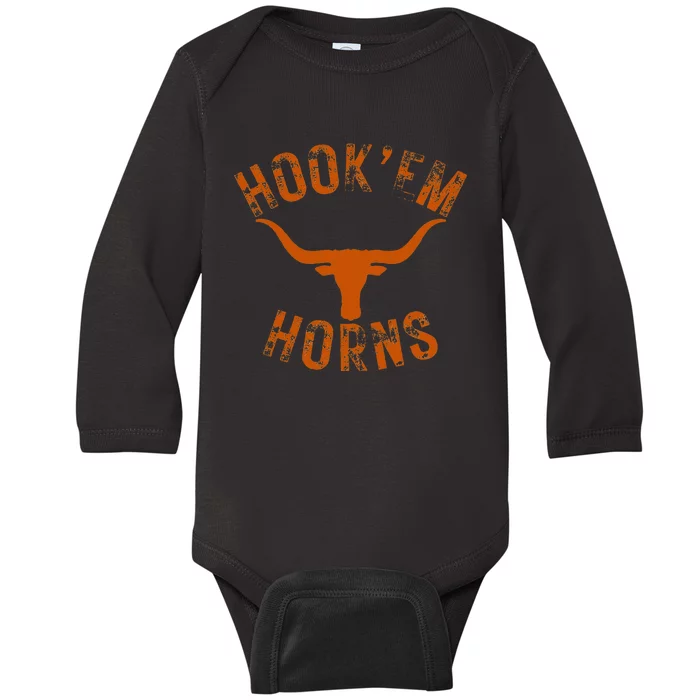 HookEm Horns State Of Texas Bull Head With Longhorns Baby Long Sleeve Bodysuit