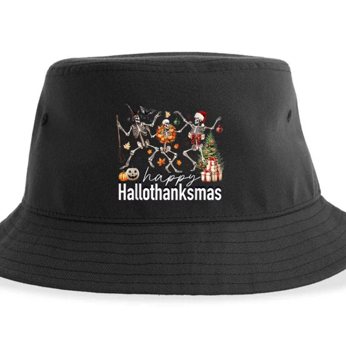 Happy Hallothanksmas Skeleton Turkey Christmas Halloween Sustainable Bucket Hat