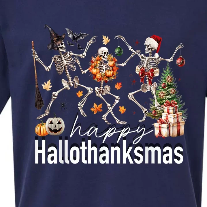 Happy Hallothanksmas Skeleton Turkey Christmas Halloween Sueded Cloud Jersey T-Shirt