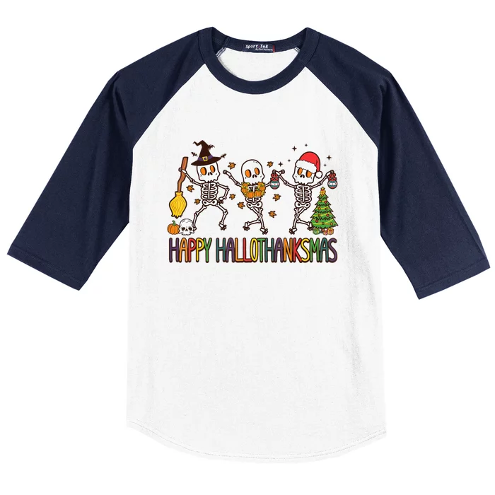 Happy Hallothanksmas Skeleton Halloween Thanksgiving Xmas Baseball Sleeve Shirt