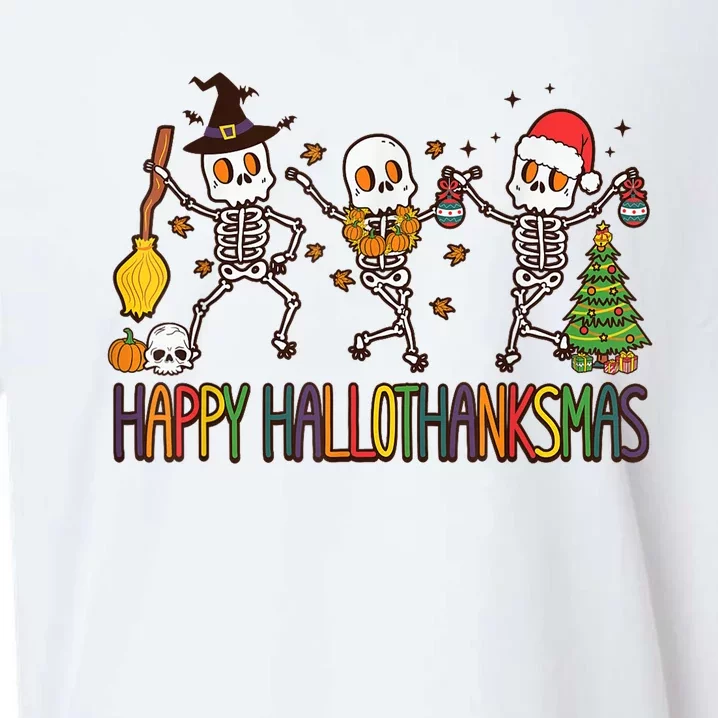 Happy Hallothanksmas Skeleton Halloween Thanksgiving Xmas Sueded Cloud Jersey T-Shirt