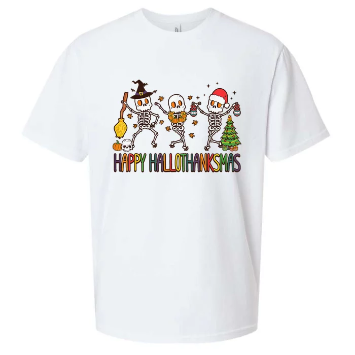 Happy Hallothanksmas Skeleton Halloween Thanksgiving Xmas Sueded Cloud Jersey T-Shirt