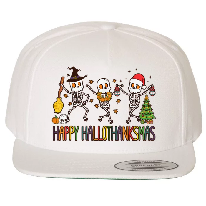 Happy Hallothanksmas Skeleton Halloween Thanksgiving Xmas Wool Snapback Cap