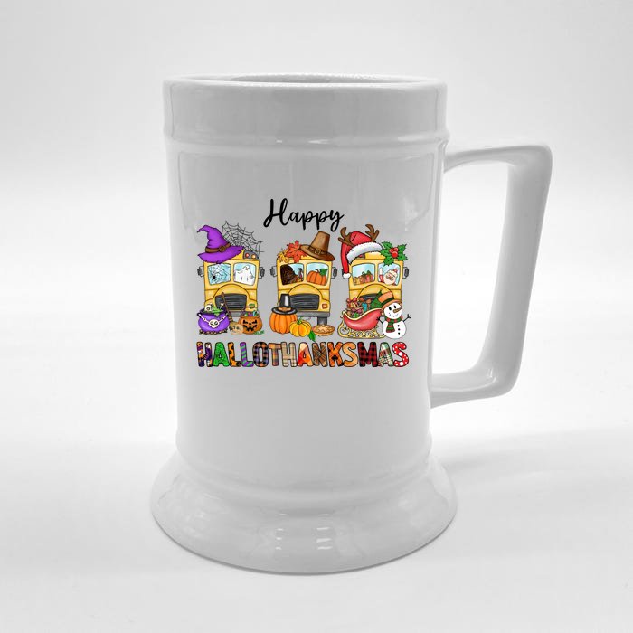 Happy Hallothanksmas School Bus Halloween Thanksgiving Christmas Front & Back Beer Stein